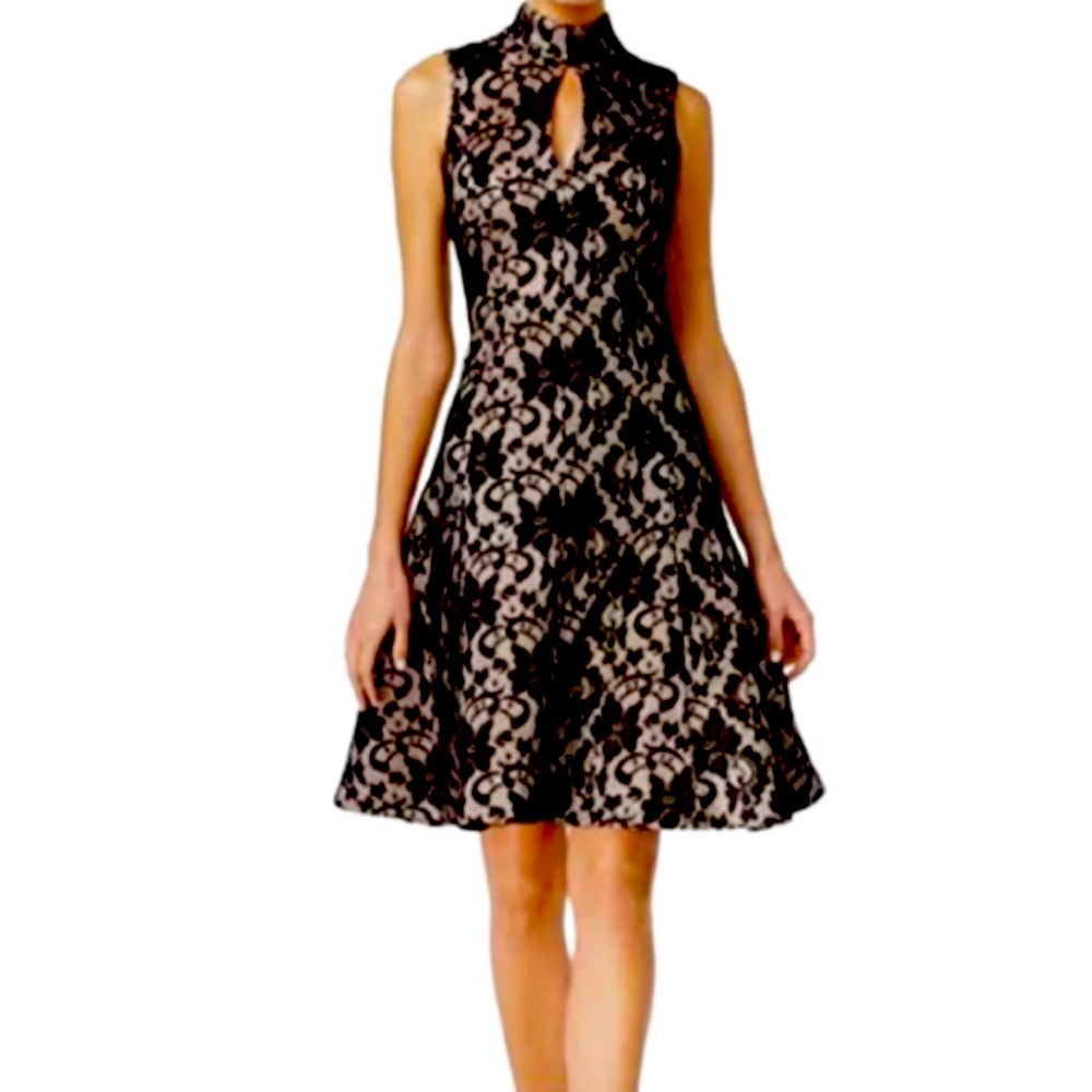 JAX Black Lace A-Line Cocktail Dress Mockneck Sleeveless